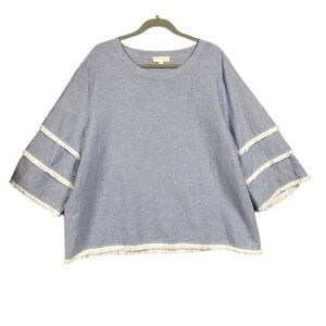 NEW Cynthia Rowley Linen Blend Fringe Sleeve Striped Nautical Blouse Sz 2X Blue